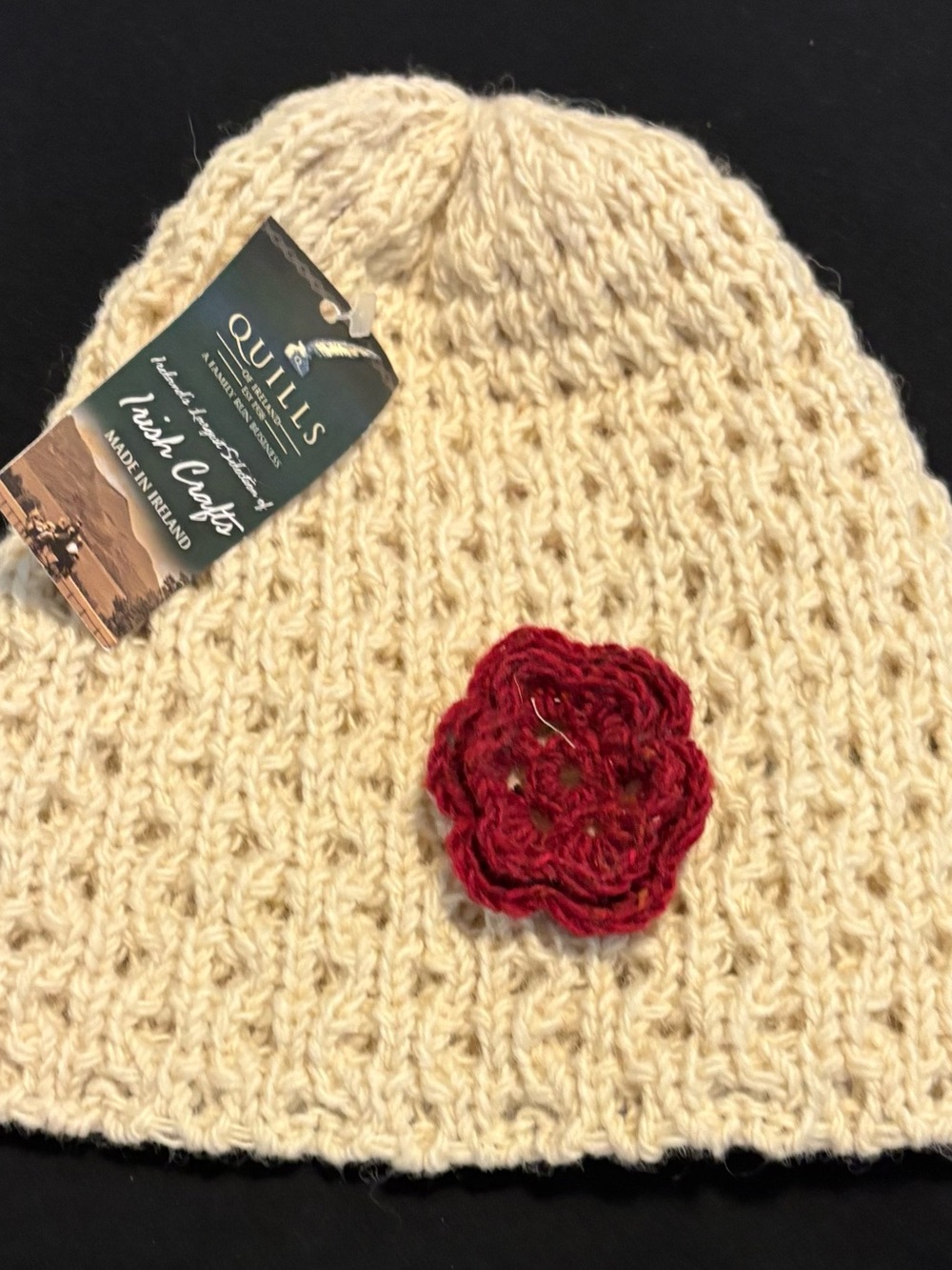 NWT Quills Cream Knit Beanie with Red Crochet Flower Made in Ireland